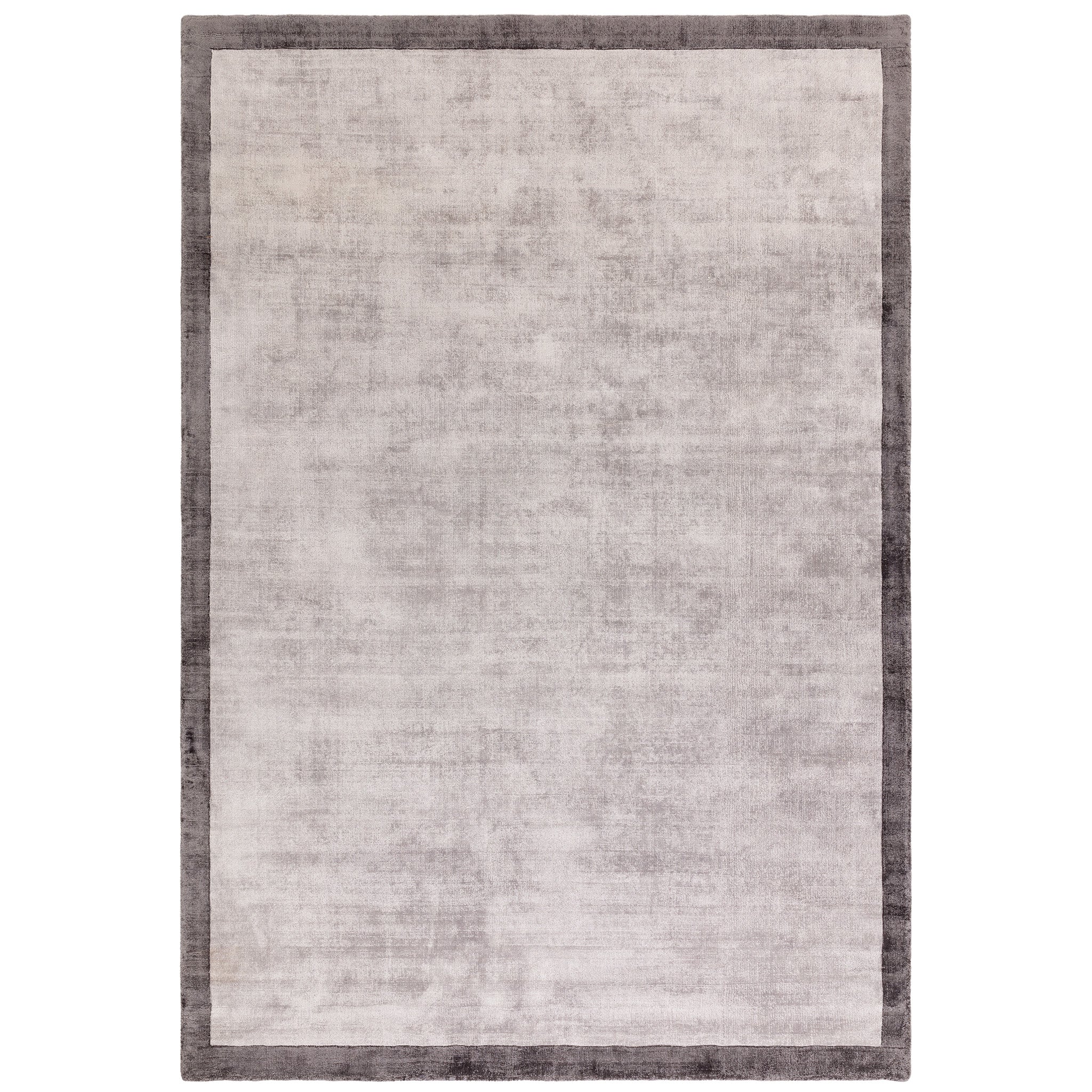 Luxury handwoven viscose rug, in silver with a narrow grey boarder, with a tip sheared finish giving a vintage effect. Size - Square Medium Pile Height: 7mm Dimensions: 1600 x 1600 mm 100% Viscose Hand Woven in India Delivery: 5-7 days